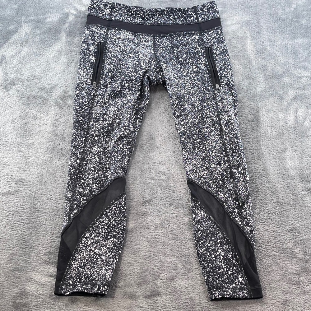 Lululemon Crop Leggings Size 4 Black White Splatter Mesh Zipper Pockets Yoga